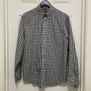 Nautica Wrinkle Resistant Blue & Yellow Plaid Button Down Dress Shirt Mens Large